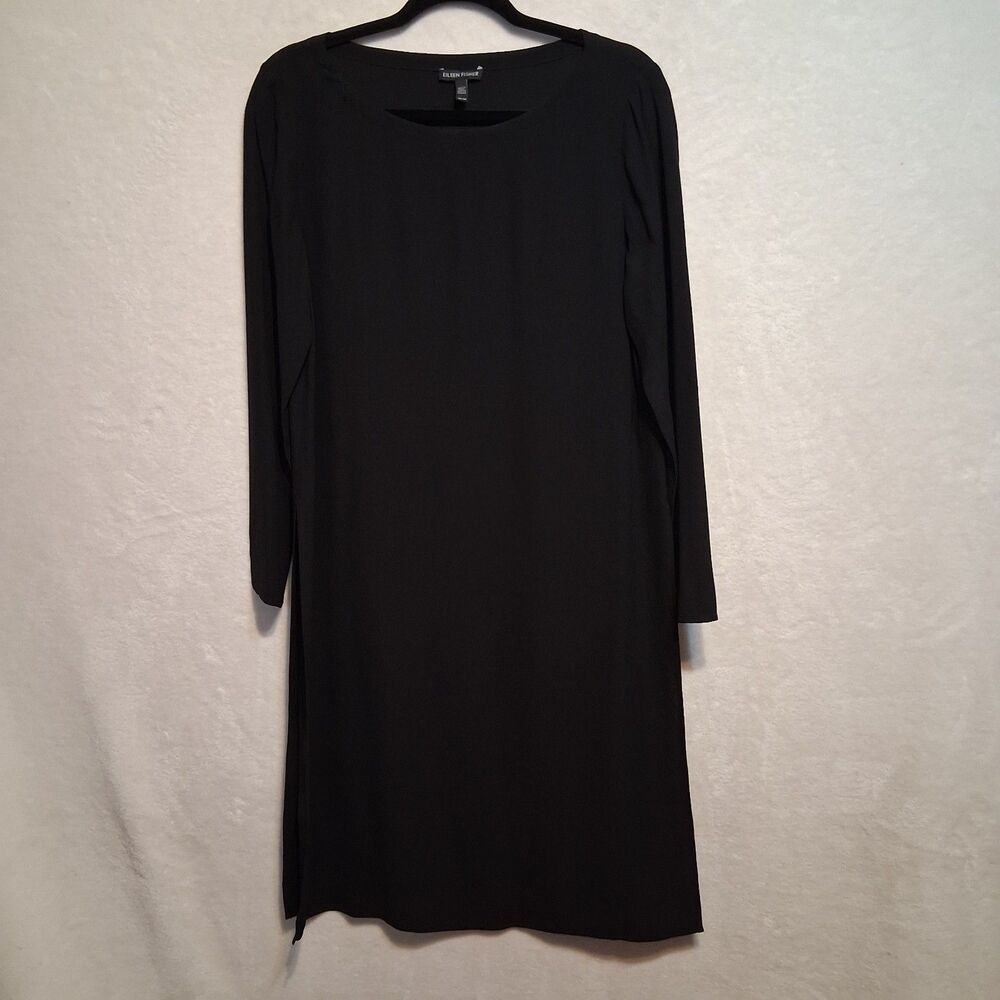 Eileen Fisher XS Tunic Top Side Slits 100% Silk Black Crepe Long Line Lagenlook